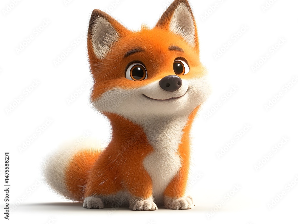 Fototapeta premium Adorable cartoon fox cub sitting happily on white background perfect for children's book illustrations or animation projects.