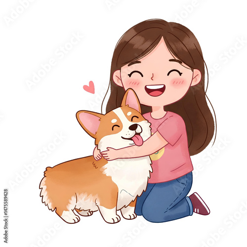 A cheerful girl lovingly embraces her adorable corgi puppy friend showcasing a heartwarming bond between child and pet ideal for children's books illustrations or pet adoption campaigns depicting affe