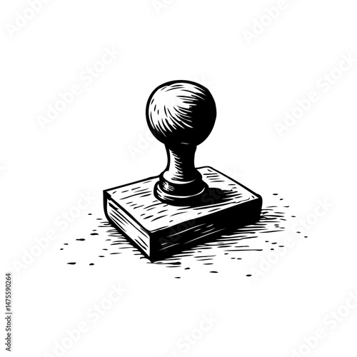 Monochromatic engraving depicts a vintage wooden stamp against a plain background