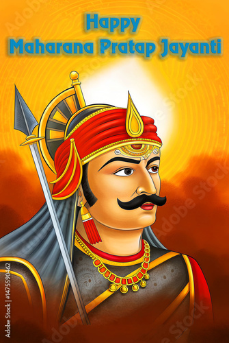 Traditional illustrated artwork of Maharana Pratap in colorful royal attire with bright background, celebrating the bravery and legacy of the Rajput king