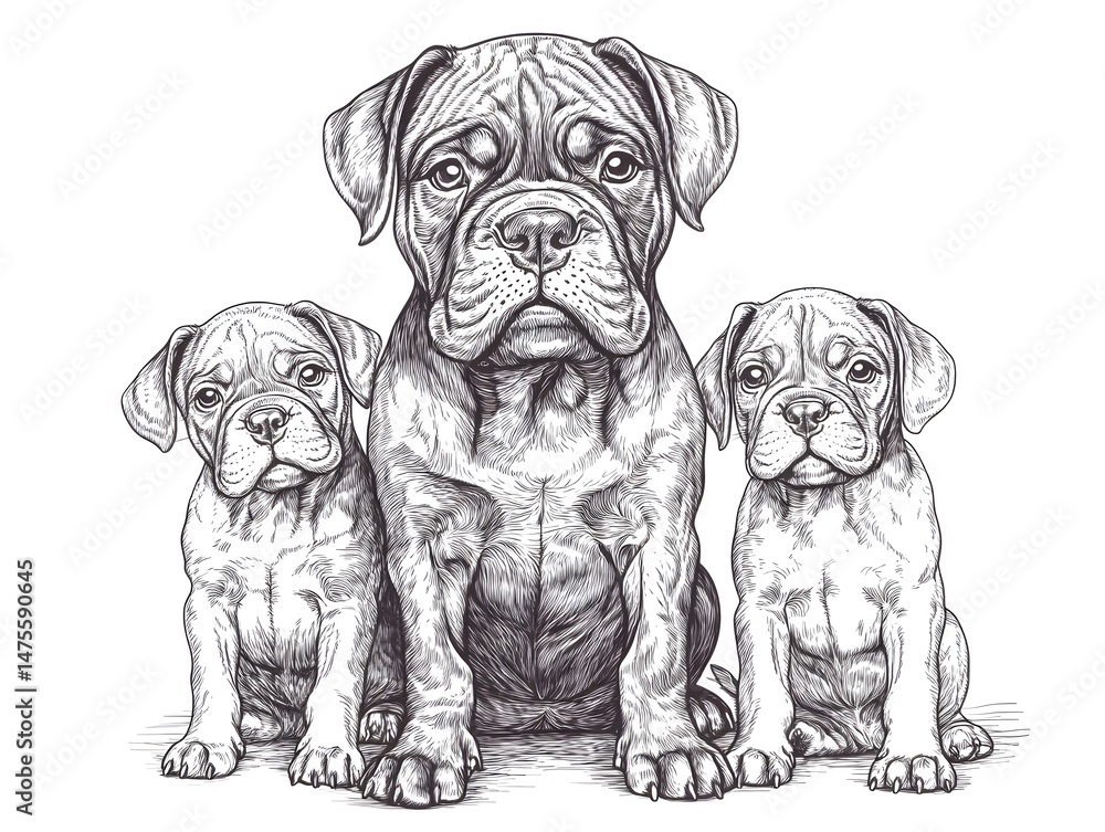 Obraz premium A majestic adult bulldog sits serenely flanked by two adorable playful puppies in a detailed hand-drawn sketch illustration.
