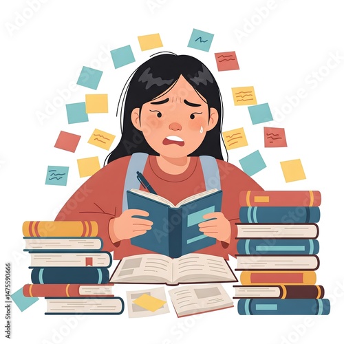 Stressed Student Overwhelmed by Studying Books Notes and Deadlines Feeling Anxiety and Pressure during Exams Preparation