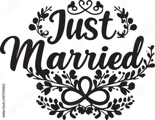 Vintage Just Married Calligraphy Design: Elegant Hand-Drawn Typography with Romantic Floral Accents, Perfect for Wedding Invitations, Marriage Celebrations, Greeting Cards, and Honeymoon Decorations, 