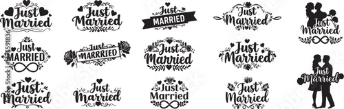 Vintage Just Married Calligraphy Design: Elegant Hand-Drawn Typography with Romantic Floral Accents, Perfect for Wedding Invitations, Marriage Celebrations, Greeting Cards, and Honeymoon Decorations, 