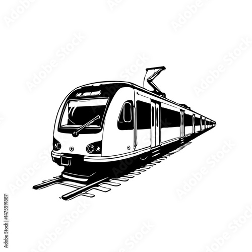 Minimalist rendering of modern electric train on railway tracks illustration