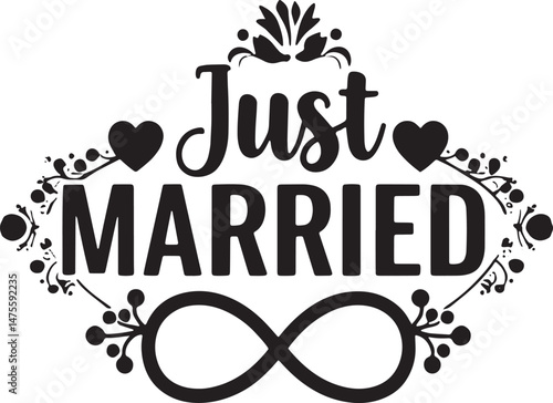 Vintage Just Married Calligraphy Design: Elegant Hand-Drawn Typography with Romantic Floral Accents, Perfect for Wedding Invitations, Marriage Celebrations, Greeting Cards, and Honeymoon Decorations, 