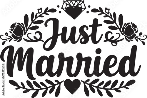 Vintage Just Married Calligraphy Design: Elegant Hand-Drawn Typography with Romantic Floral Accents, Perfect for Wedding Invitations, Marriage Celebrations, Greeting Cards, and Honeymoon Decorations, 