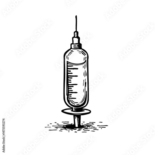Monochrome illustration depicting a vintage syringe in detailed line art