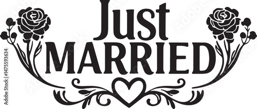 Vintage Just Married Calligraphy Design: Elegant Hand-Drawn Typography with Romantic Floral Accents, Perfect for Wedding Invitations, Marriage Celebrations, Greeting Cards, and Honeymoon Decorations, 