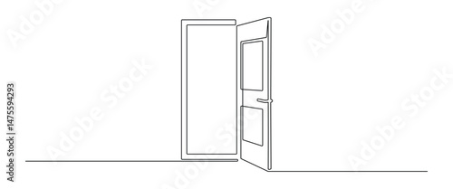 Opened door in one continuous line drawing. Front enter and exit to house in simple linear style. Future opportunity concept in editable stroke. Hand drawn vector illustration