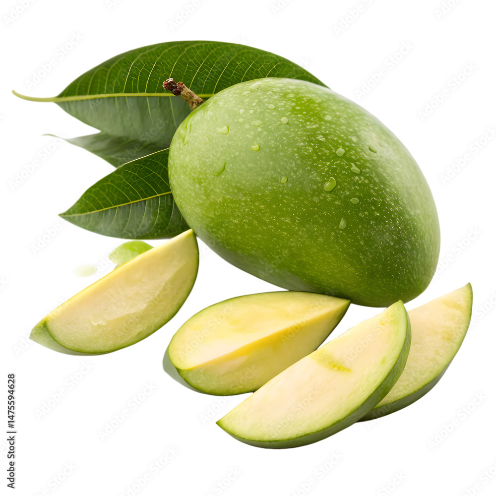Fresh Green Mango with Slices and Leaves on Transparent Background. Fresh Green Mango with Slices and Leaves on Transparent Background.