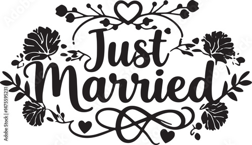 Vintage Just Married Calligraphy Design: Elegant Hand-Drawn Typography with Romantic Floral Accents, Perfect for Wedding Invitations, Marriage Celebrations, Greeting Cards, and Honeymoon Decorations, 