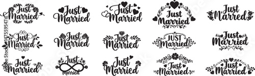 Vintage Just Married Calligraphy Design: Elegant Hand-Drawn Typography with Romantic Floral Accents, Perfect for Wedding Invitations, Marriage Celebrations, Greeting Cards, and Honeymoon Decorations, 