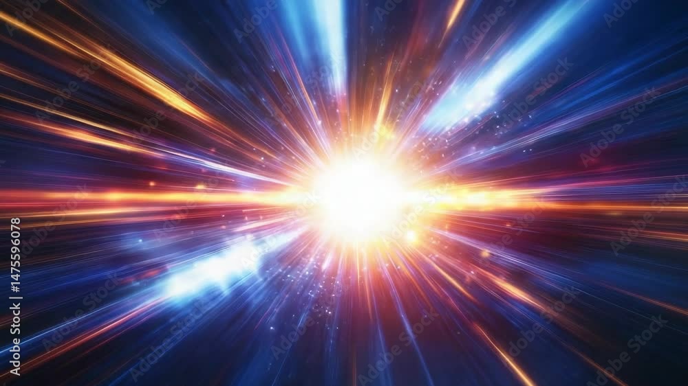 Abstract hyperdrive speed motion with bright, colorful light trails against a dark blue background depicting acceleration and speed. Abstract hyperdrive speed motion with bright, colorful light trails against a dark blue background depicting acceleration and speed.
