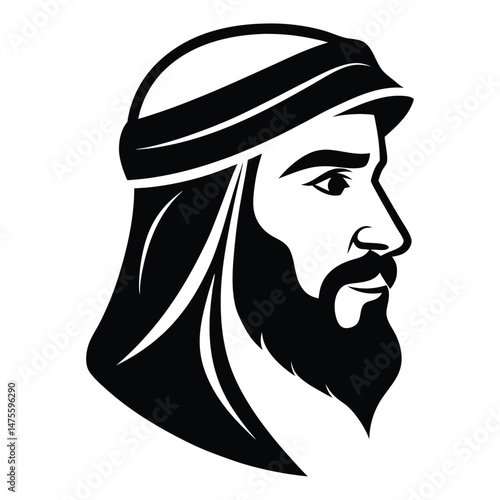 A stylized silhouette of a man with a beard and traditional headwear 
