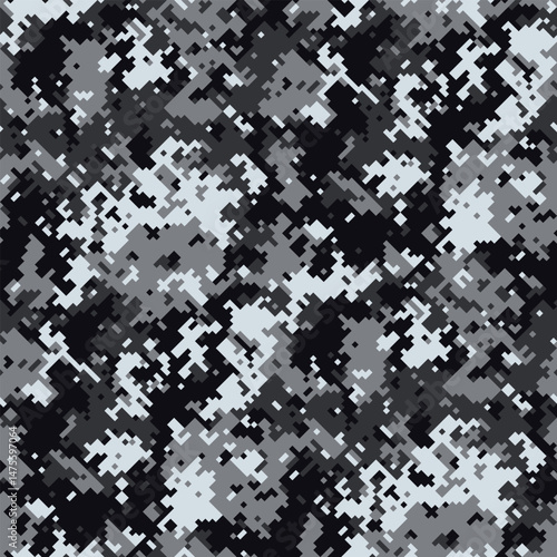 Abstract grayscale digital camouflage pattern.  Versatile design ideal for backgrounds, textiles, or militarythemed projects.