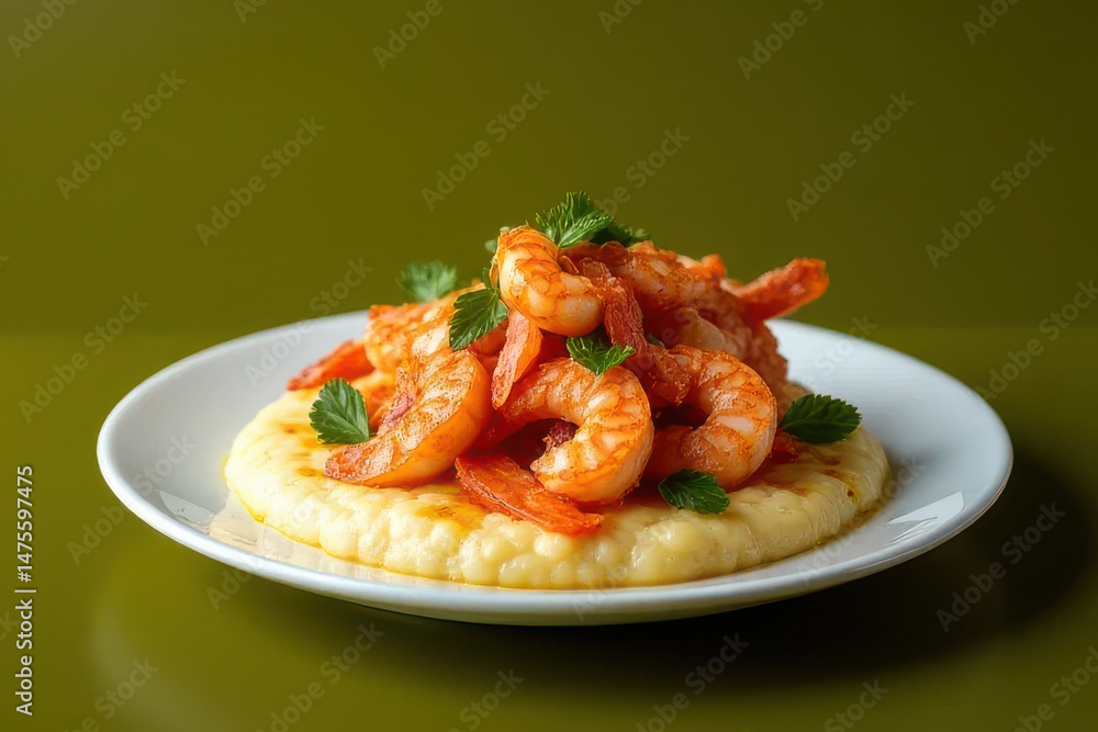 Tempting Shrimp and Grits: Elegant Fine Dining Photography on Olive Green Background Tempting Shrimp and Grits: Elegant Fine Dining Photography on Olive Green Background