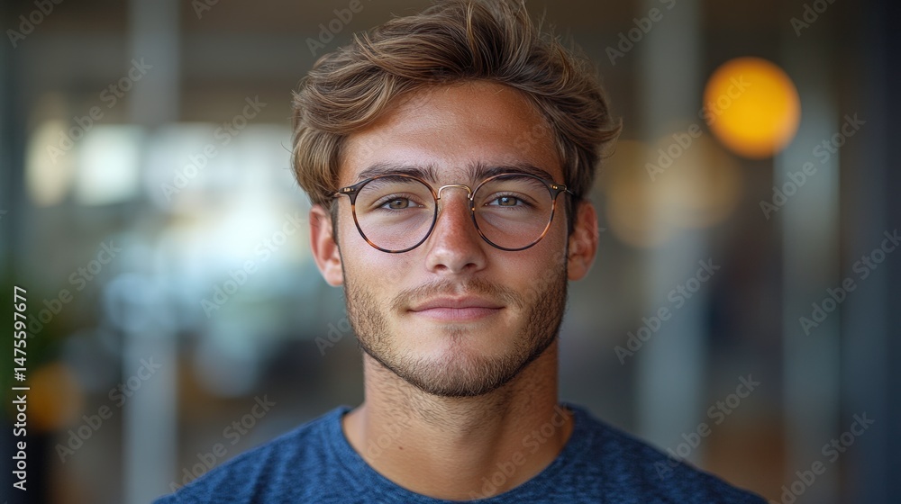 Young man with glasses confidently posing in a casual shirt, modern indoor setting with natural light and blurred background emphasizing focus on subject Young man with glasses confidently posing in a casual shirt, modern indoor setting with natural light and blurred background emphasizing focus on subject