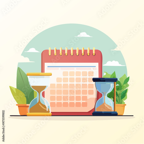 Minimal Flat Vector Illustration of Organized Work Concept with Time Management Elements Like Calendar, Hourglass, and Planner