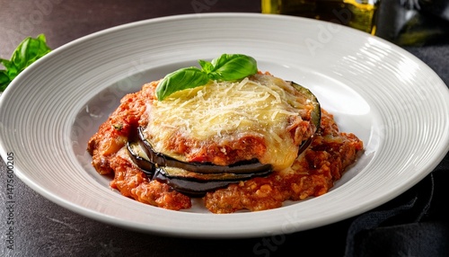 deliciously prepared eggplant parmesan served on white plate