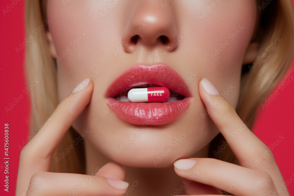 Obraz premium Close-up of a Woman's Mouth Holding a Pill with 'Fake' Written on It. A Striking Image Exploring Deception, Appearance, and Reality in Beauty and Healthcare.