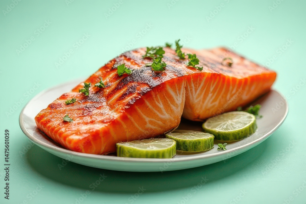 Grilled Salmon Photography: Clean Food Style with Hard Side Light on Mint Background Grilled Salmon Photography: Clean Food Style with Hard Side Light on Mint Background