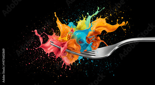Color Symphony Food Creation With Fork And Splash Of Vibrant Colors
