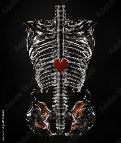 Transparent anatomical model of a human ribcage with a heart symbol in the center, highlighting the connection between music and anatomy in a creative visual display