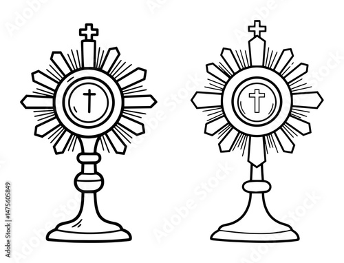 religious monstrance icons in outline vector style - black and white illustration