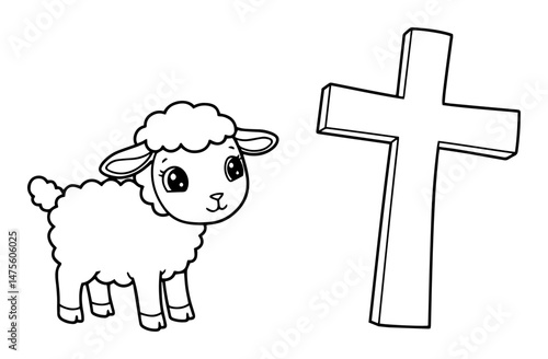 cute lamb and cross in religious outline vector style