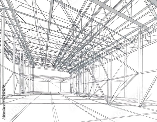 Architectural Wireframe Model Building Design, Structure, Framework, Steel, Interior, Exterior, Glas
