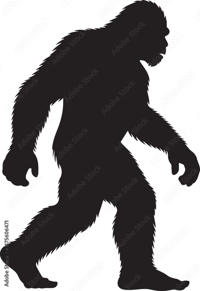 Fototapeta premium Bigfoot Walking Through Forest SilhouetteLegend of the Sasquatch Vector SceneMysterious Bigfoot Shadow in TreesCryptid in the Wilderness Silhouette ArtBigfoot Sighting Silhouette Design