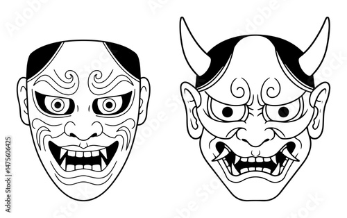 japanese theater masks with angry expressions vector outline