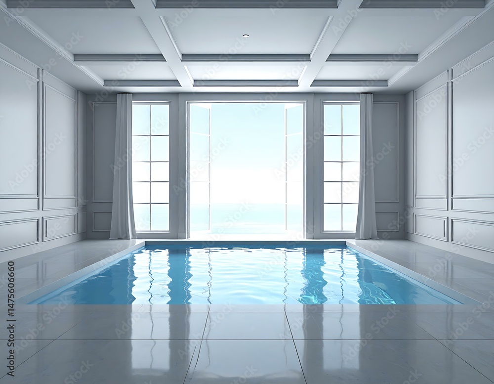 Fototapeta premium Indoor Pool Design Luxury Ocean View, White Walls, Tranquil Space
