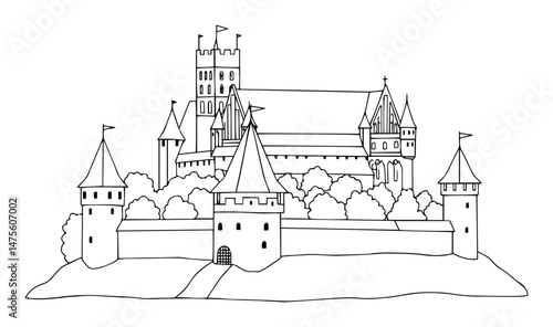 medieval castle with towers and walls vector outline illustration