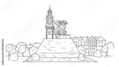jasna góra sanctuary with monument vector outline