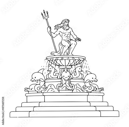 neptune fountain in gdansk with statue and base vector outline