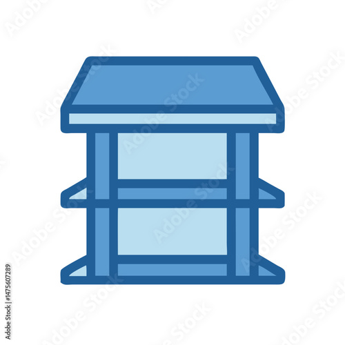 Blue wooden table, furniture with shelves against black background