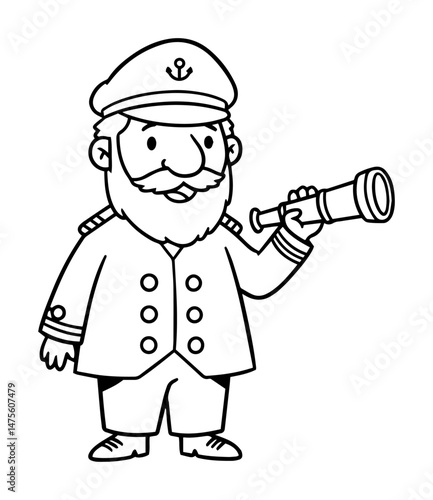 cartoon sea captain with spyglass vector outline