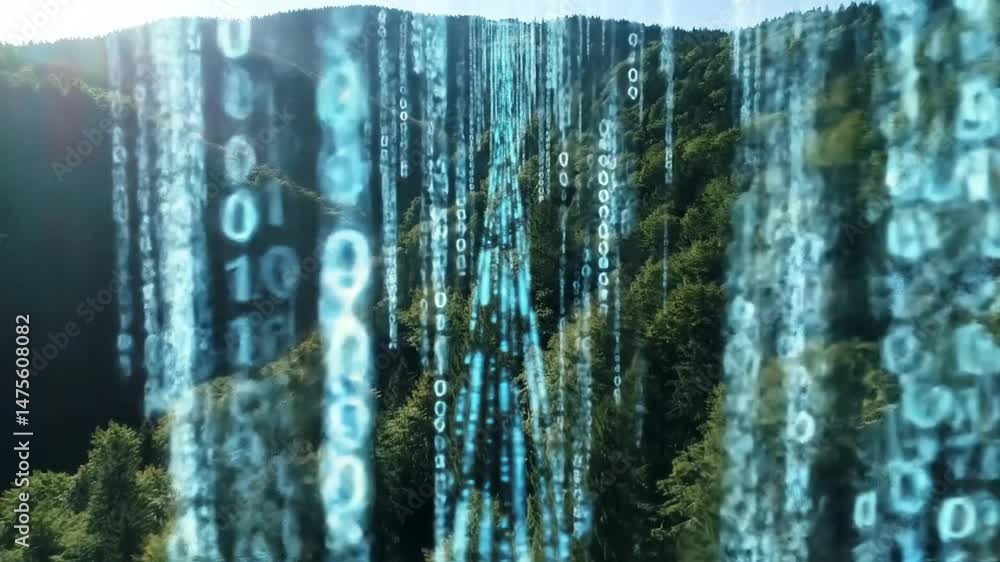 Forest view with digital matrix code overlaying trees creating a futuristic landscape look