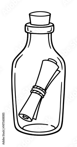 message in a bottle outline vector illustration – nautical concept in black and white
