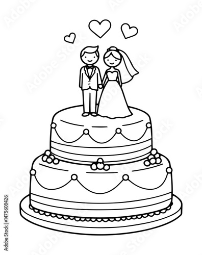 wedding cake outline vector illustration – romantic dessert with couple topper