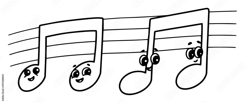 Fototapeta premium musical notes with faces outline vector illustration – happy music icon in black and white