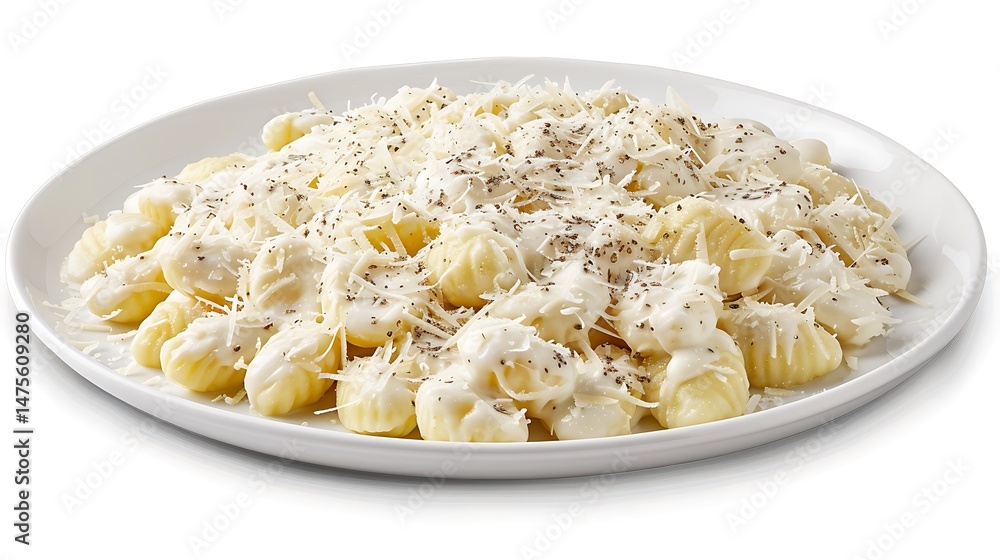 Gnocchi with white truffle cream sauce and grated parmesan, arranged artfully on a white plate. Gnocchi with white truffle cream sauce and grated parmesan, arranged artfully on a white plate.