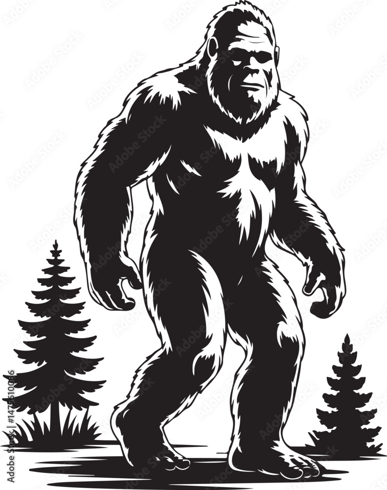 Fototapeta premium Bigfoot Walking Through Forest SilhouetteLegend of the Sasquatch Vector SceneMysterious Bigfoot Shadow in TreesCryptid in the Wilderness Silhouette ArtBigfoot Sighting Silhouette Design