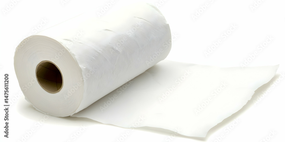 Fototapeta premium White paper towel roll on white background. Clean, soft, absorbent. Perfect for hygiene, cleaning