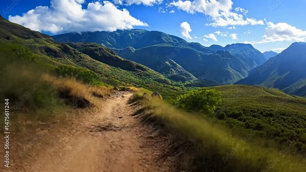 Scenic mountain trail with vibrant greenery and clouds Scenic mountain trail with vibrant greenery and clouds