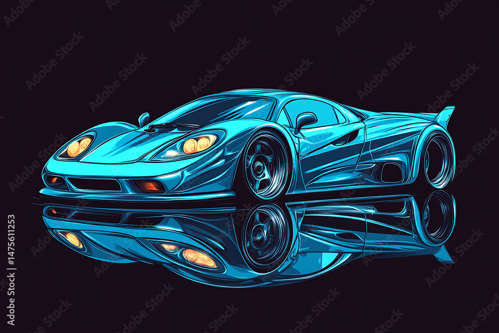 Naklejka premium Vibrant blue sports car parked on a reflective surface with a dark background