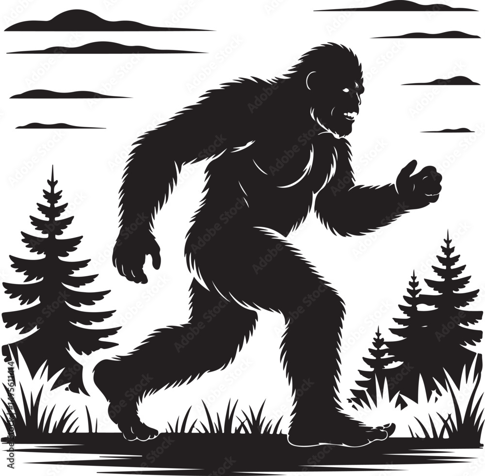 Fototapeta premium Bigfoot Walking Through Forest SilhouetteLegend of the Sasquatch Vector SceneMysterious Bigfoot Shadow in TreesCryptid in the Wilderness Silhouette ArtBigfoot Sighting Silhouette Design