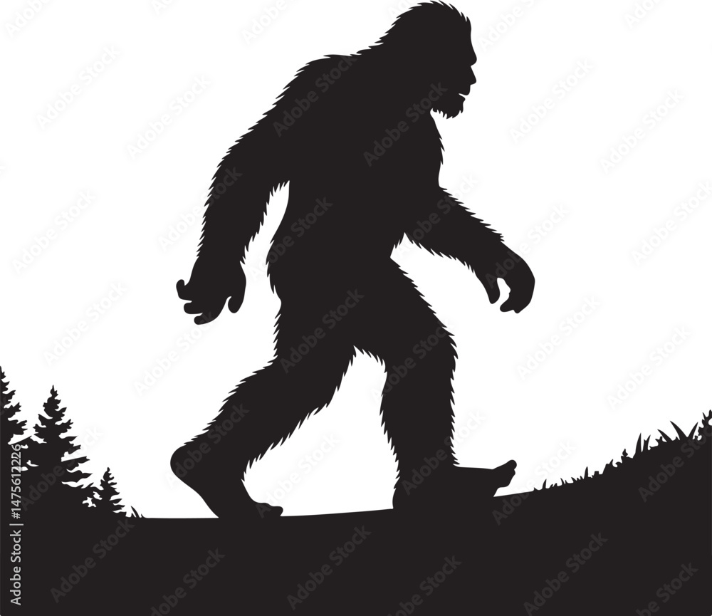 Fototapeta premium Bigfoot Walking Through the Forest SilhouetteMysterious Sasquatch in the Shadows VectorLegendary Bigfoot in Mountain Fog SilhouetteCryptid Creature Footprint Trail Vector ArtBigfoot Sighting i